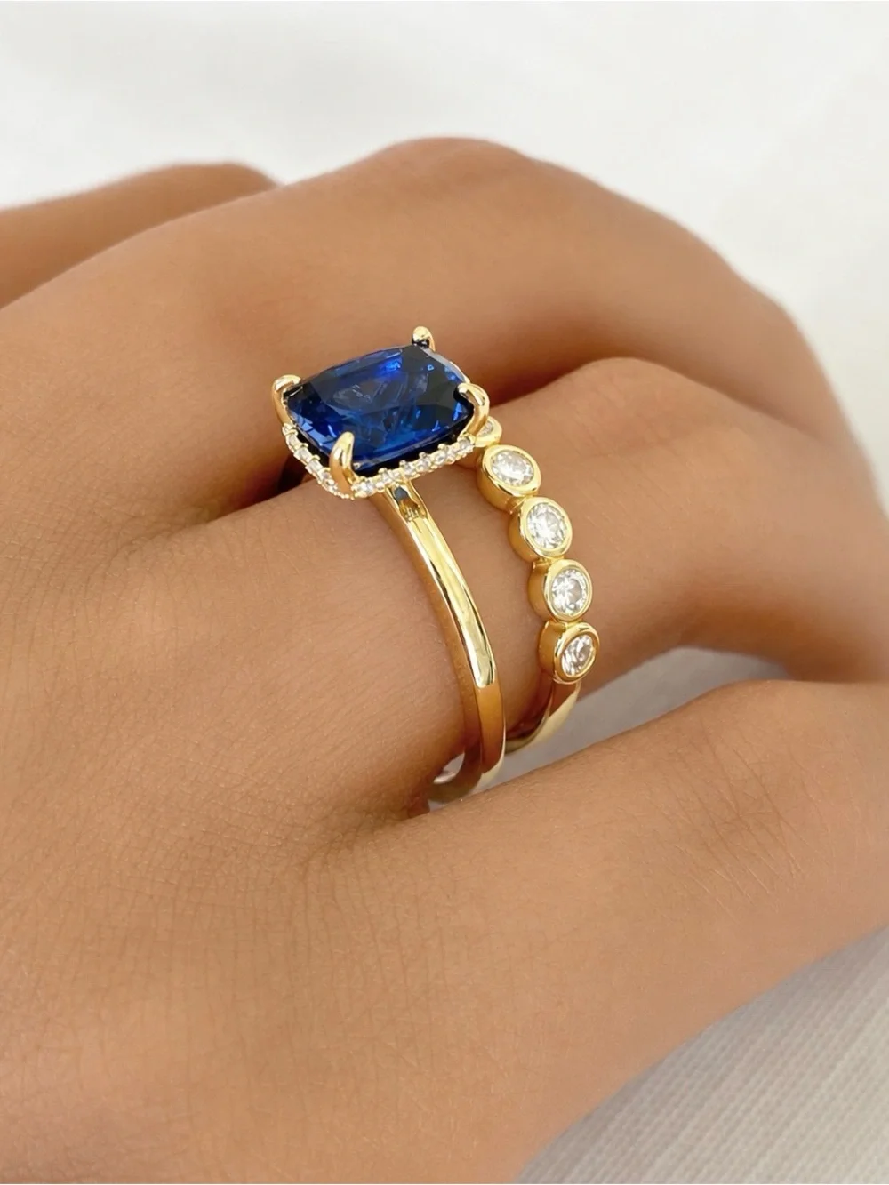 Yellow Gold 3Ct Cushion Blue Sapphire Moissanite Band Sterling Silver Ring Set